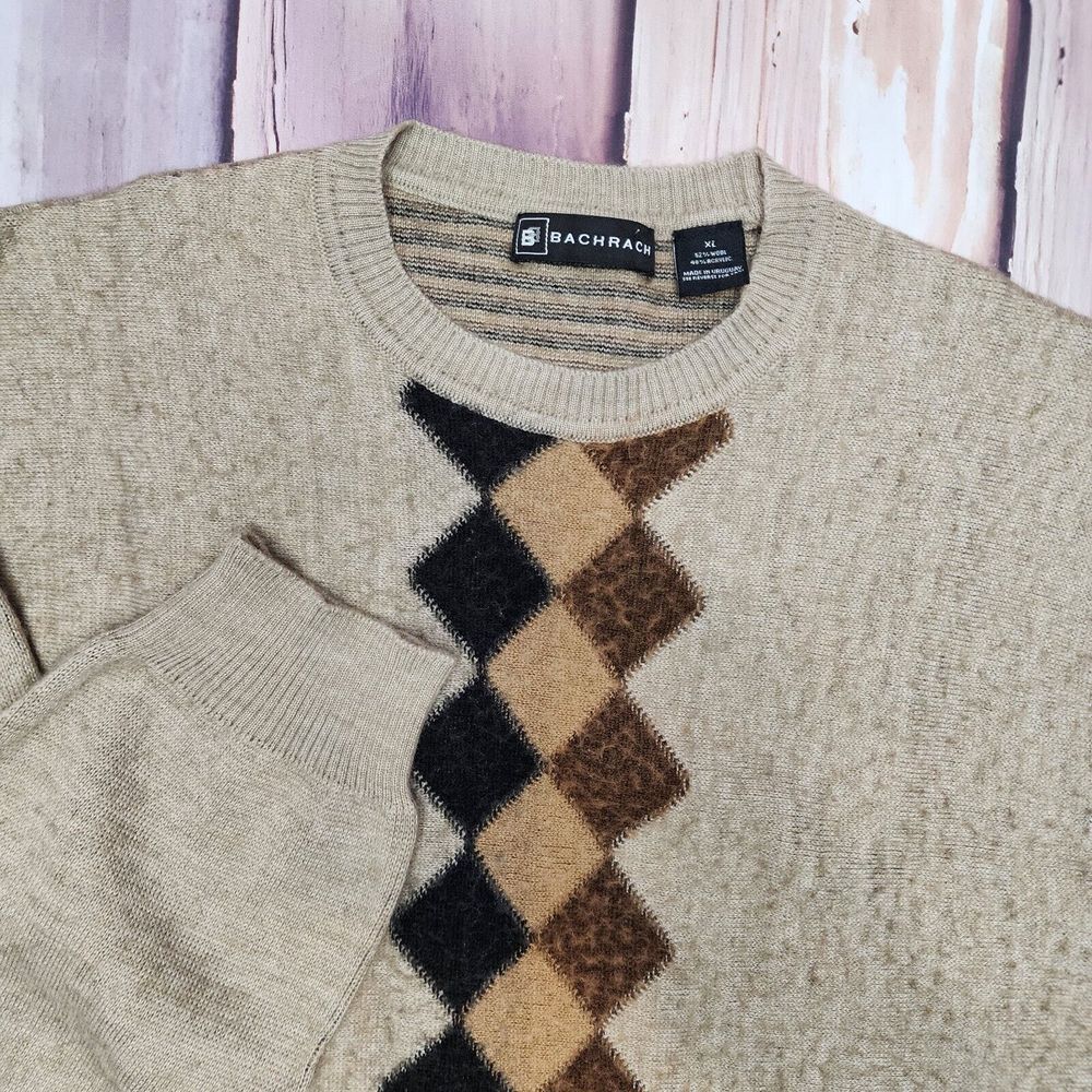 Bachrach Mens XL Sweater‎ Wool Blend Argyle Tan Brown Black Warm Soft